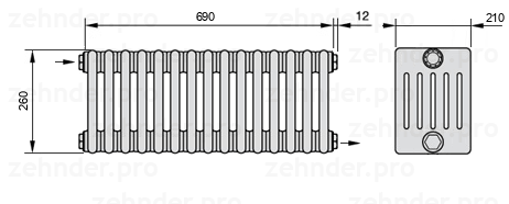 Схема (чертеж) Радиатор Zehnder Charleston 6026/15 №1670 Белый глянцевый RAL 9016